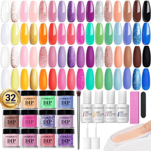 AZUREBEAUTY 42Pcs Dip Powder Nail Kit Starter, 32 Colors Spring Rainbow Bright Pink Red Green Acrylic Dipping Powder Set with Top/Base Coat Activator for French Art Manicure DIY Salon Gift