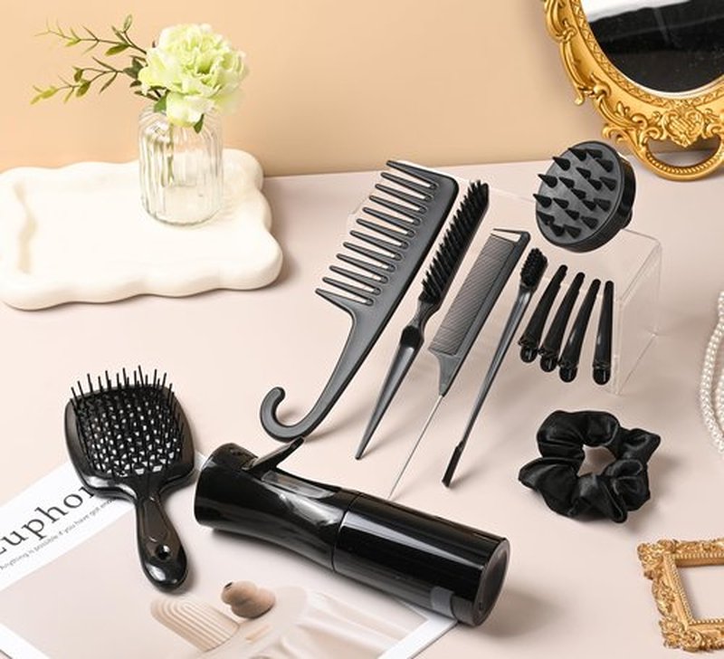 12 Pcs Hair Styling Brush Set with Detangler, Teasing, Rat Tail, Edge Brushes and Baby Hair Brushes - Soft Bristles for Baby Girls and Women (Black)