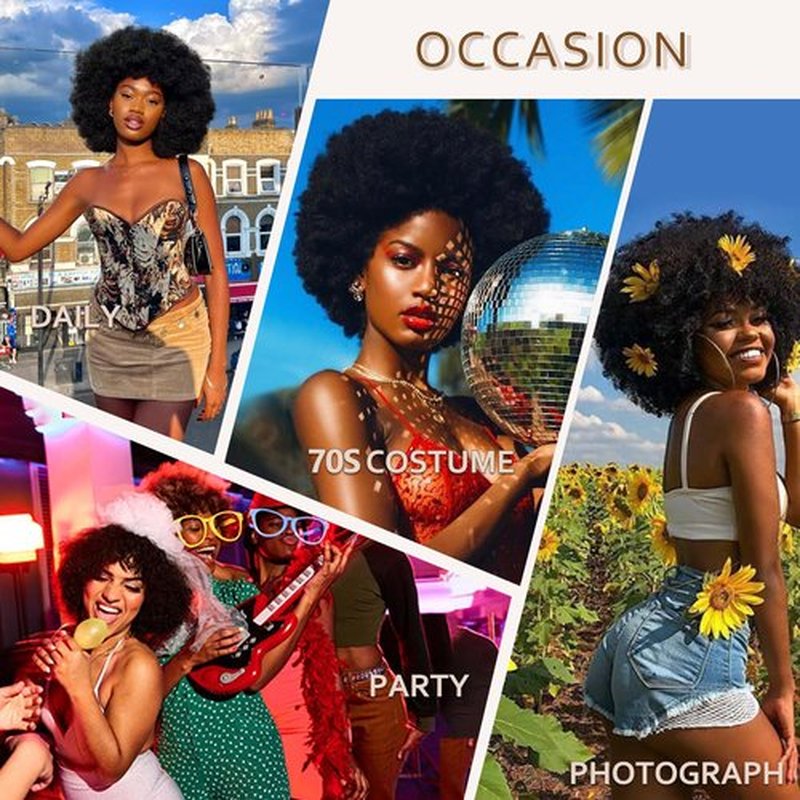 BESSY HAIR Black Afro Wigs for Women, 70s Disco Wig with Bangs Big Bouncy Fluffy Puff and Soft Natural Look Synthetic Black Hair Curly Afro Wigs for Daily Party Cosplay Costume Halloweeen 14 Inch