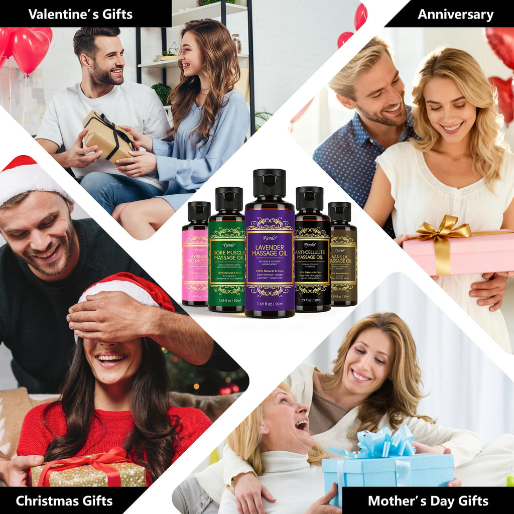 Pjordo 5 Pack Massage Oil for Massage Therapy, Lavender, Vanilla, Sore Muscle, Syringa & Anti Cellulite Massage Oil Kit for Relaxing Muscle & Soothing The Body, Home Spa Gift for Her Him