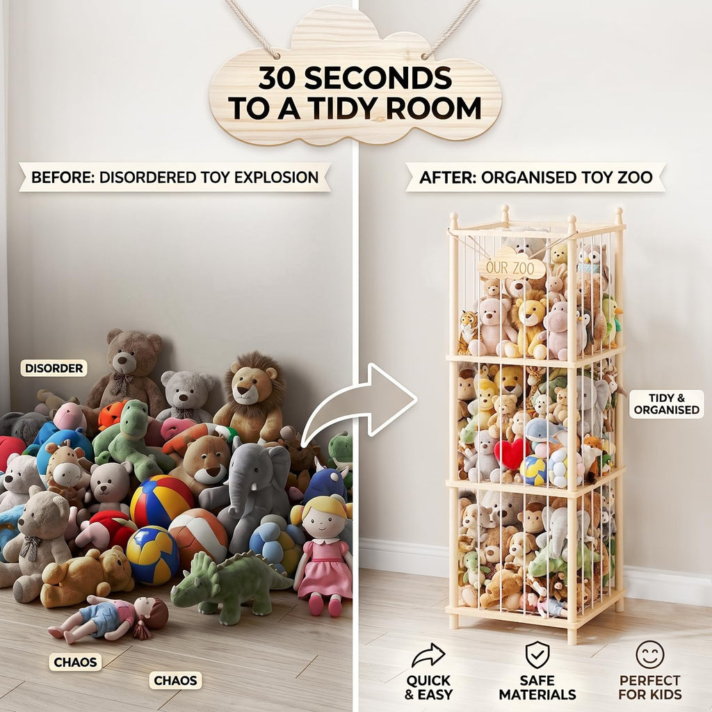 MIRCNY Stuffed Animal Storage Zoo - 54 Inch Large Wooden Toy Organizer | Anti-Tip Design Plushie Storage Rack for Nursery & Playroom | Easy Assembly