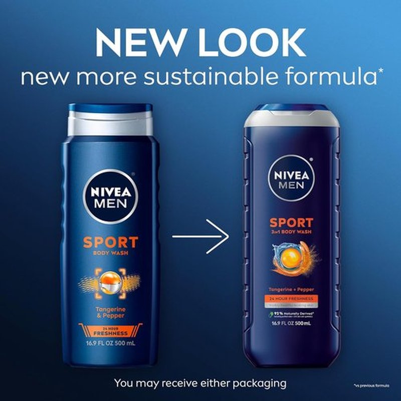 NIVEA Men Sport Body Wash - Revitalizing Minerals & Tangerine-Pepper Scent | 3-in-1 Paraben-Free Formula, 16.9 Fl Oz