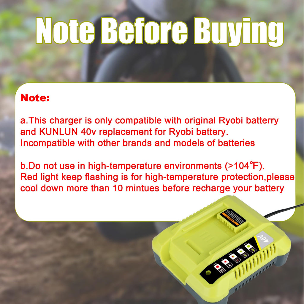 KUNLUN OP401 40-Volt Battery Lithium-Ion Charger for Ryobi 40V OP4050A OP4026 OP40601 OP4040 OP4030 OP4015 OP40201 Li-ion Battery with LED Indicator(40V Batteries Not Included)