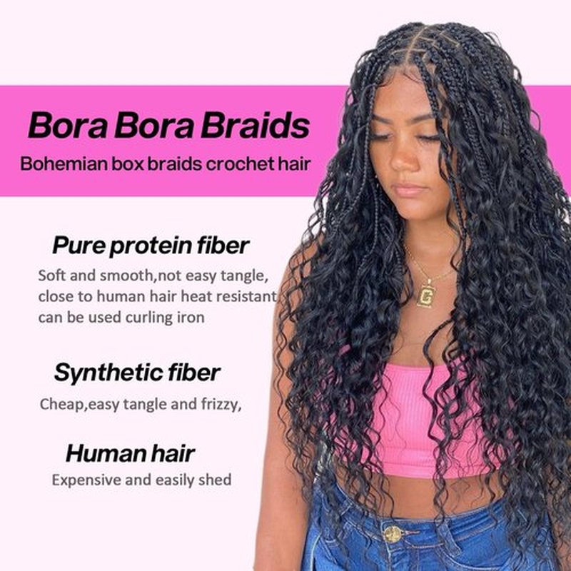 Goddesty Boho Bora Bora Crochet Braids Pure Protein Fiber Close to Human Hair 18inch Goddess Box Braids with Soft Breezy Wave Curly Bohemian Crochet Hair for Black Women (1B, 18 Inch(Pack of 7))