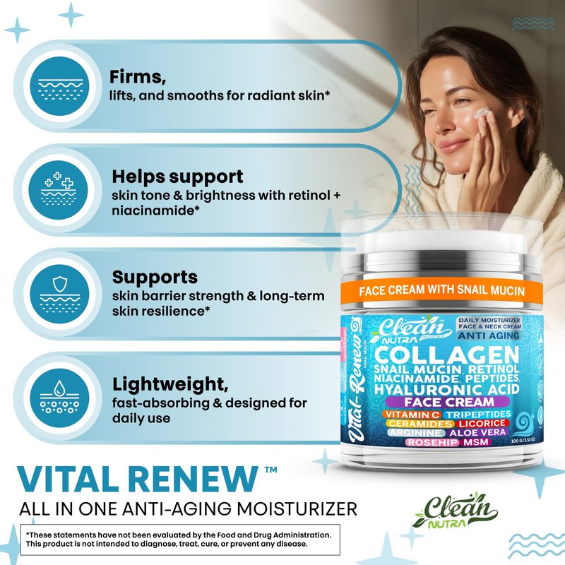 Vital Renew Snail Mucin Collagen Face Cream Daily Moisturizer Retinol Anti Aging Face Cream Niacinamide Peptides Hyaluronic Acid Vitamin C MSM Tripeptides Ceramides Licorice Arginine Aloe Vera