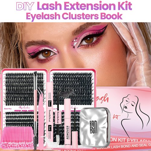 Qiveaory DIY Lash Clusters Kit with 630pcs Lashes Clusters,1X/2X Magnification Compact Mirror with Light,Lash Bond and Seal,Eyelash Remover Tweezers Applicator Mascara Brush(60-80-100-150D)