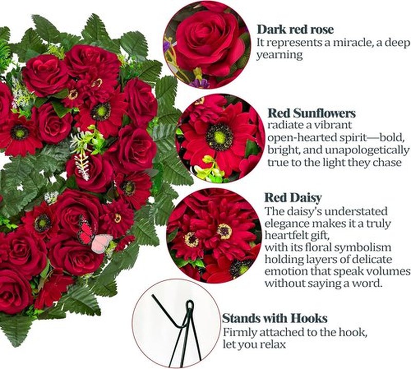 Regine Switzerland Cemetery Wreath - Heart-Shaped Memorial Floral with 30-Inch Easel Stand | Red Rose Design