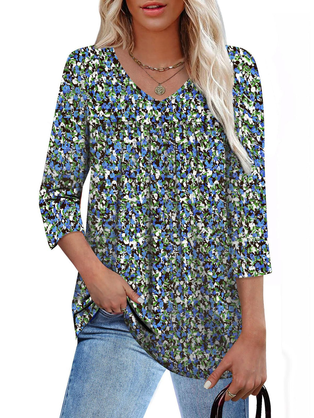 Lylinan Womens V Neck 3/4 Sleeve Tunic Shirts Casual Loose Fit Spring Summer Blouse Style Clothing S-XXL
