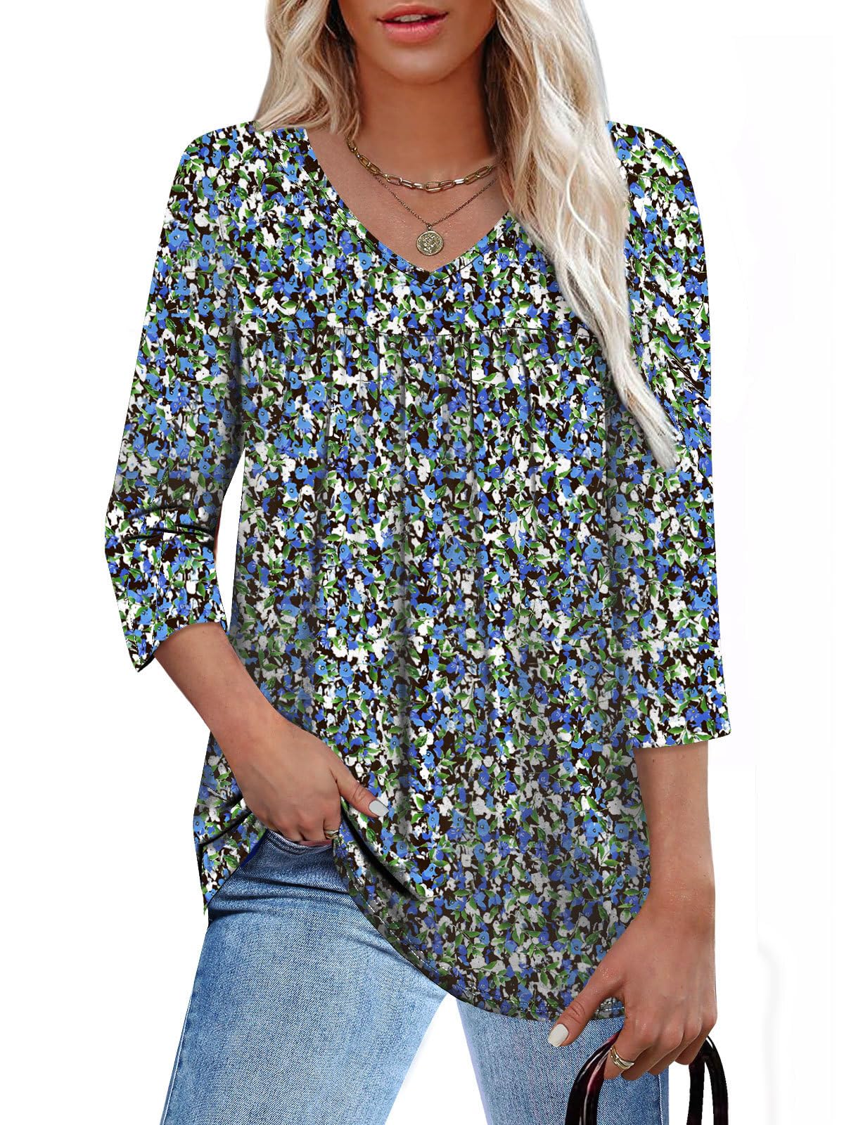 Lylinan Womens V Neck 3/4 Sleeve Tunic Shirts Casual Loose Fit Spring Summer Blouse Style Clothing S-XXL