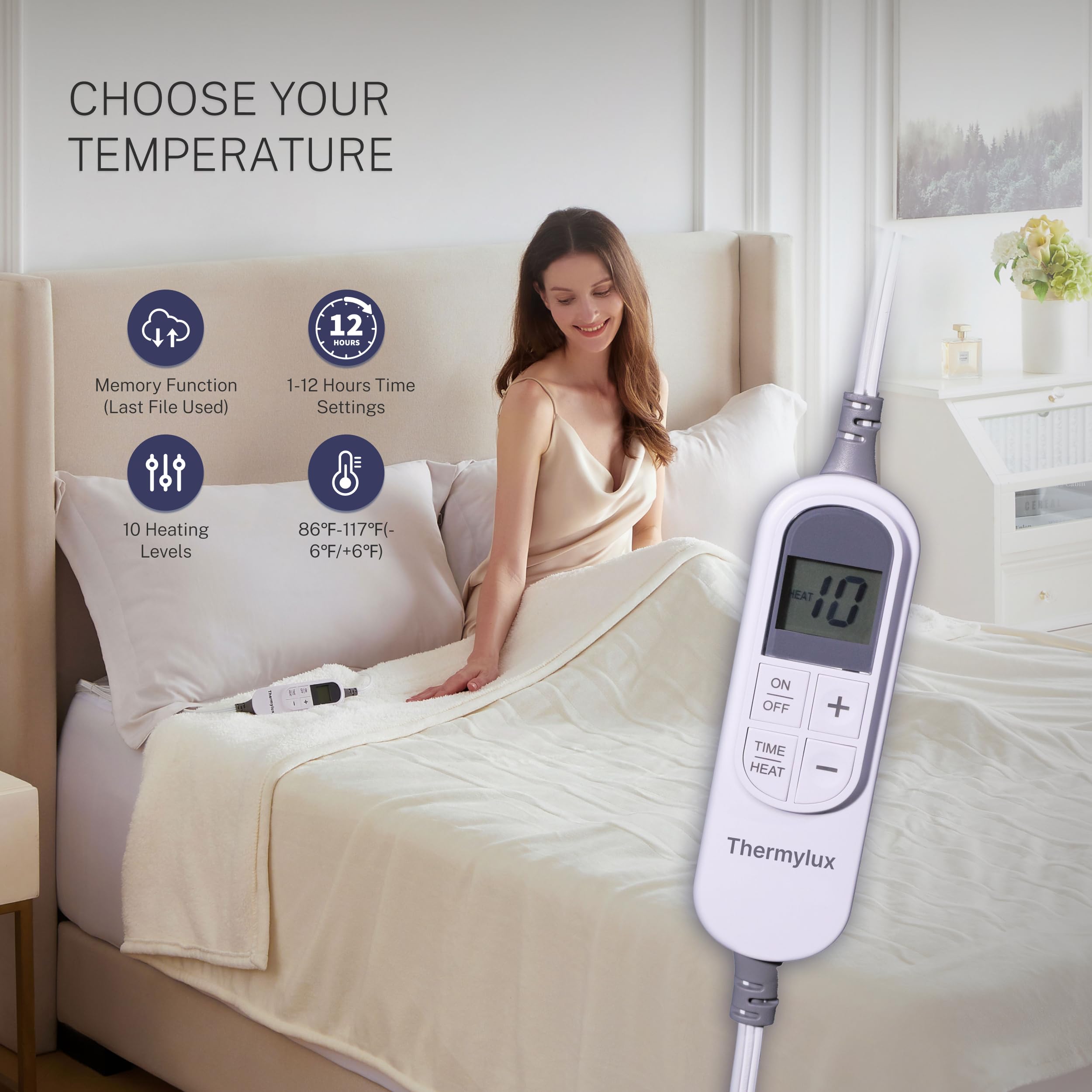 Thermylux Electric Blanket Full 72"x84" Heated Electric Blankets 10 Heating 12 Time Settings Levels 8 Hours Auto Off Fast Heating and Overheat Protection ETL Certified Machine Washable,Ivory