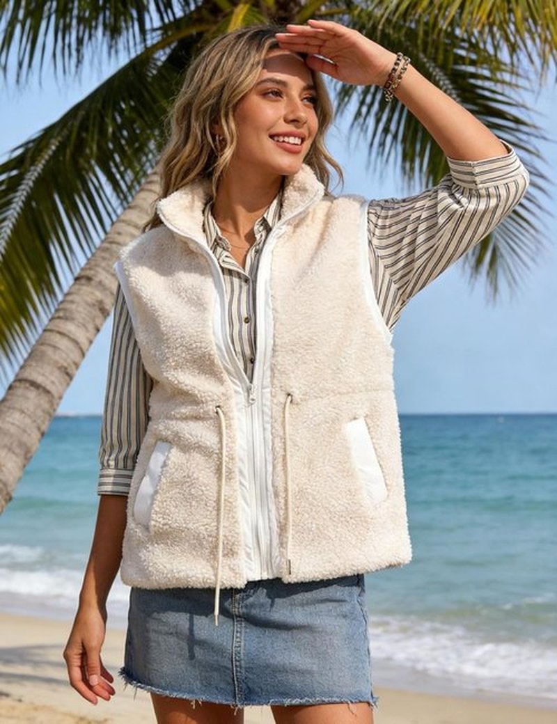 Gozoloma Women's Fleece Vest - Zip-Up Sherpa Jacket with Pockets & Waist Tie | Loose Fit, Cozy Style