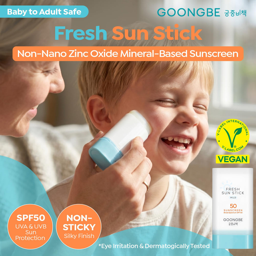 GOONGBE Fresh Sun Stick Mild SPF 50 - No White Cast Zinc Oxide Mineral Sunscreen Stick Balm - Non Greasy Soft Matte Finish - Travel Friendly for Babies, Kids & Adults - Vegan, 0.81oz.