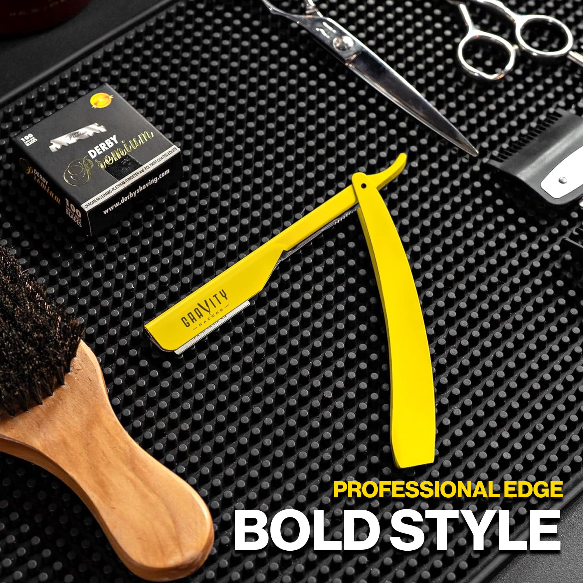 Gravity Razors Professional Straight Razor - Minimal Exposure Straight Razor Kit with 10 Derby Premium Blades (Yellow, Ultra Exposed 2mm Exposed - Yellow)