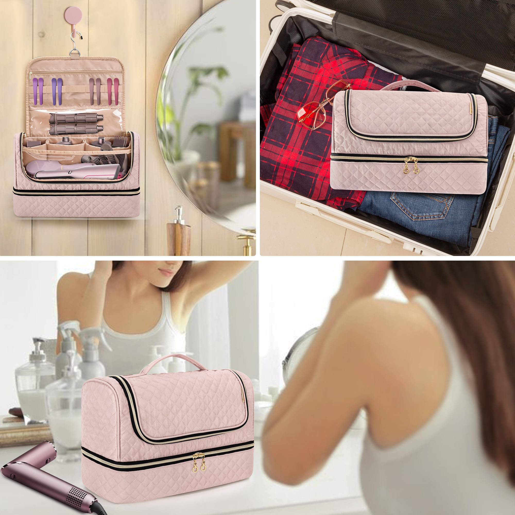 Yarwo Carrying Case Compatible with Flexfusion HD641S/HD642S, Double Layers Hanging Travel Bag for FlexFusion Hair Straightener & Powerful Hair Dryer and Hair Styler Attachments, Dusty Rose