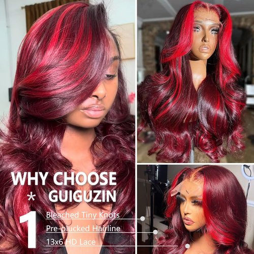 GUIGUZIN 13x6 99J Burgundy Red Lace Front Wigs Human Hair Burgundy Red Highlight Wig Human Hair Pre Plucked 200% Density Body Wave 99J Human Hair Wig Glueless Colored Wigs for Women 22 Inch