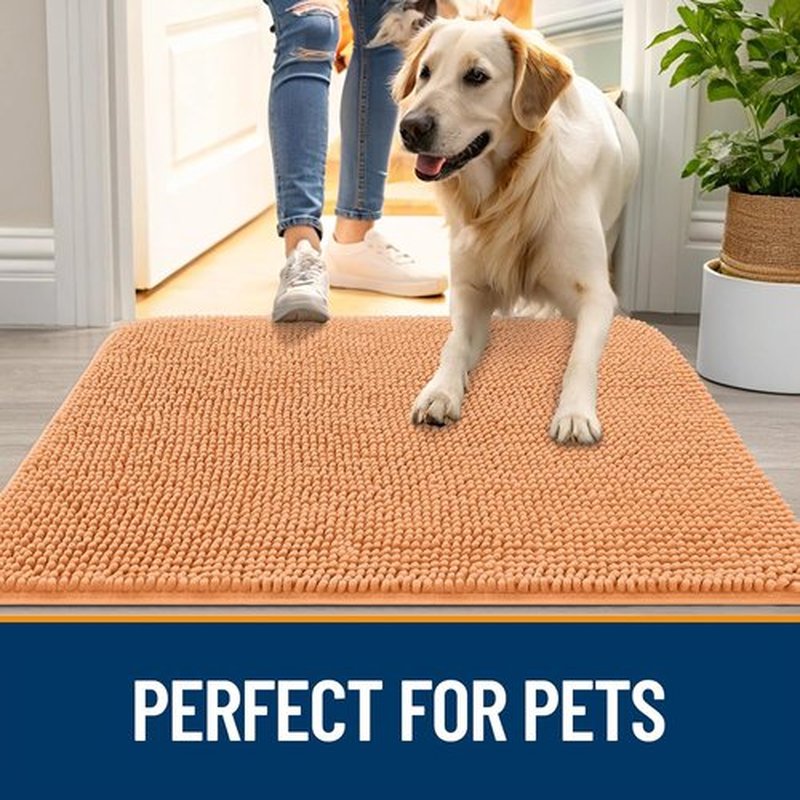 OLANLY Dog Door Mat - Absorbent Non-Slip Washable Doormat for Muddy Paws | 30x20 Inches, Quick Dry Chenille, Orange