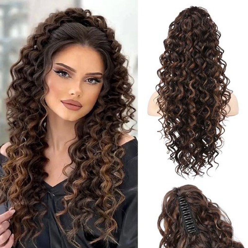 HOOJIH Ponytail Extension, Clip in Ponytail 24 Inch Hair Extension Curly Wavy Ponytail Fluffy Soft Synthetic Fiber Hair Pieces for Women - Dark Brown with Light Auburn