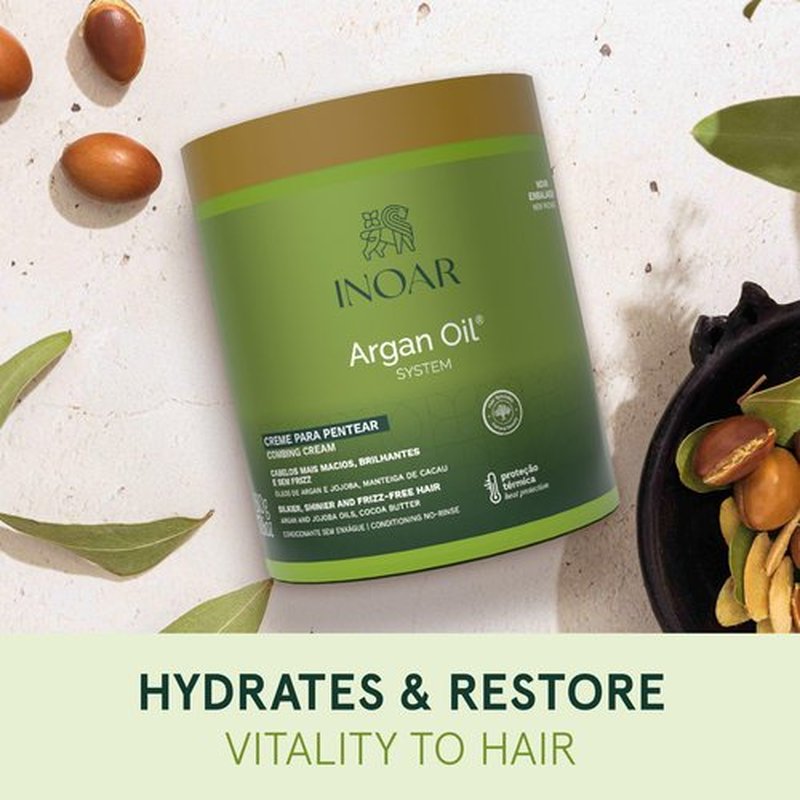 INOAR Argan Oil Combing Cream Creme de Pentear with Jojoba & Cocoa Butter for Deep Hydration & Smoothing, 17.6 Fl Oz