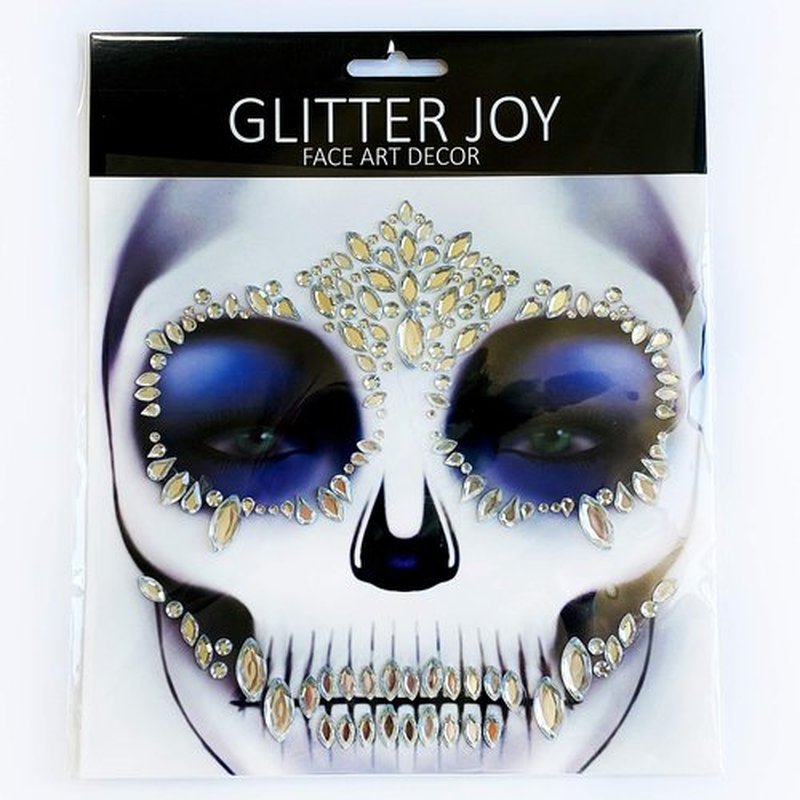 Cosplay Face Tattoos, Day of the Death Skull Temporary Face Gems Jewels Tattoos, Rhinestone Ghost Bride Jade Face Jewels Tattoo Stickers