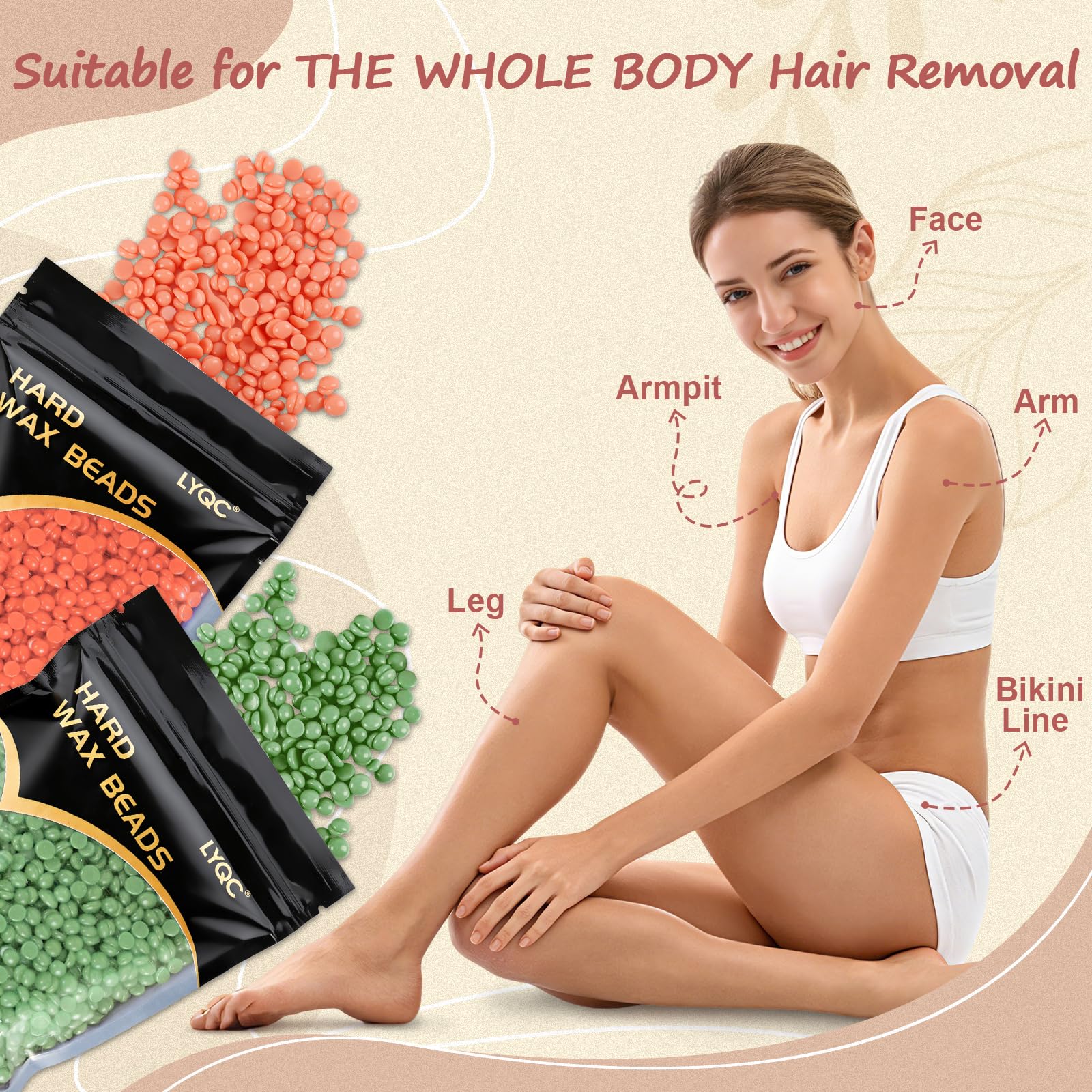 LYQC 2.2lbs Hair Removal Wax Beads, Professional Hard Wax Beads 1000g, with 20 Applicators, Suitable for Full Body, Painless Gentle Wax Bead Hair Removal for Men and Women