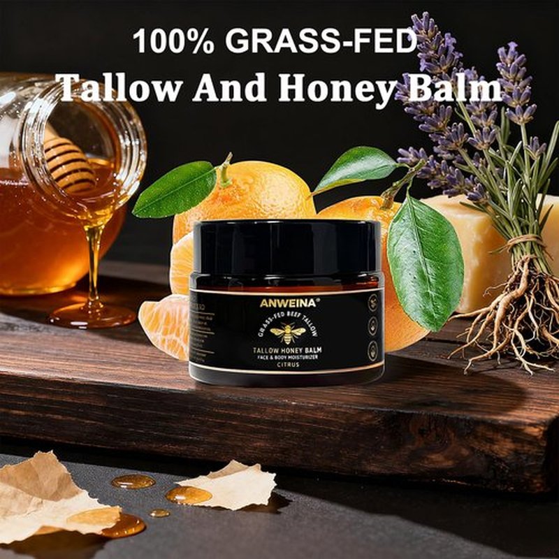 Eqimznv Beef Tallow for Skin, Organic Grass-Fed Beef Tallow Balm with Row Honey, Tallow and Honey Balm, Tallow Face Moisturizer for Face Body, Natural Formula for Dry & Sensitive Skin (2 OZ, Citrus)