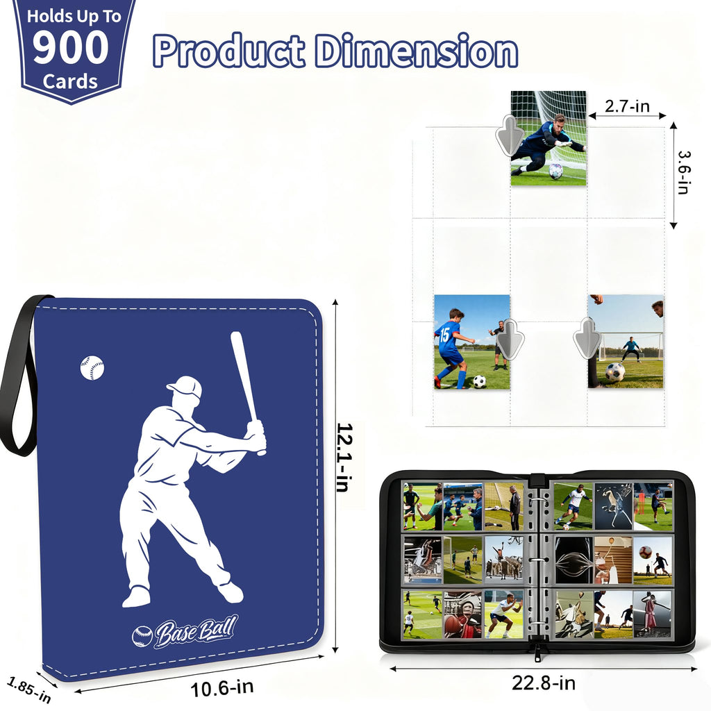 Baseball Card Binder – 900 Pockets Album with Zipper & Wrist Strap | Collector Binder for Sports & Baseball Cards for Sports,TCG,Game,Trading Cards | Durable Travel-Friendly Design 2025-2026