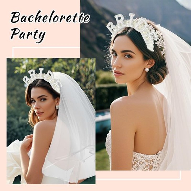 SUVO Pearl Bride Headband with Veil - Perfect for Bridal Shower and Bachelorette Party Decorations or Gifts