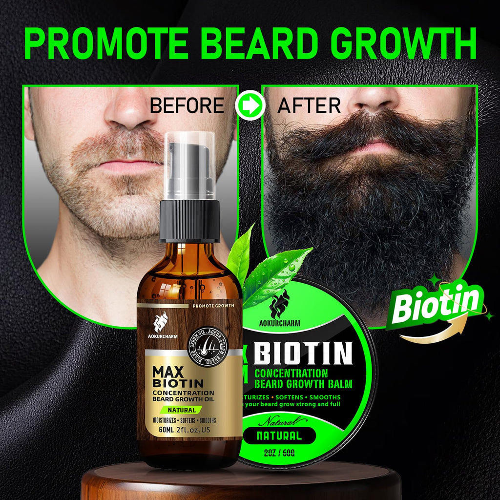 aokur 2 Pack Biotin Beard Growth Kit for Men – Unscented Beard Oil & Balm – Beard Care Set for Growth, Softening & Styling – Gift for Father’s Day & Christmas