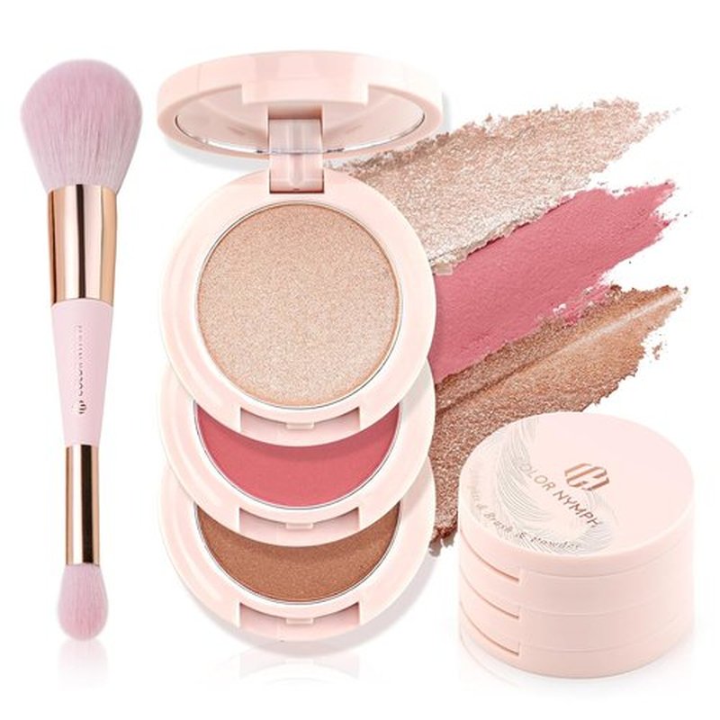Color Nymph Contour Blush Highlighter Palette - 3-in-1 Shimmer & Matte Travel Kit with Brush & Mirror | Purple