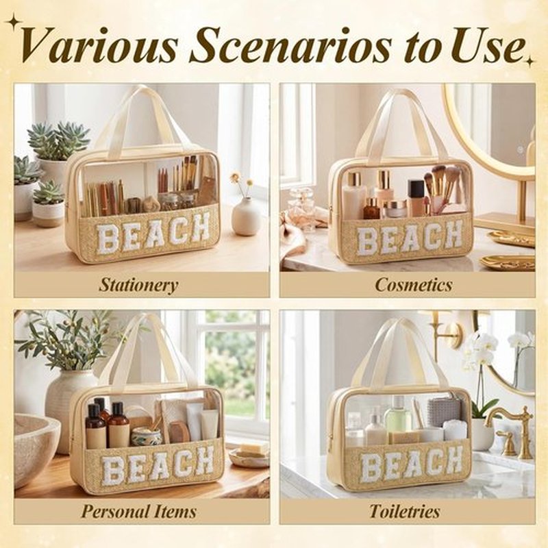 Kajaia Clear Beach Bag - Large Woven Transparent Makeup & Toiletry Storage | Boho Preppy Design - Beige
