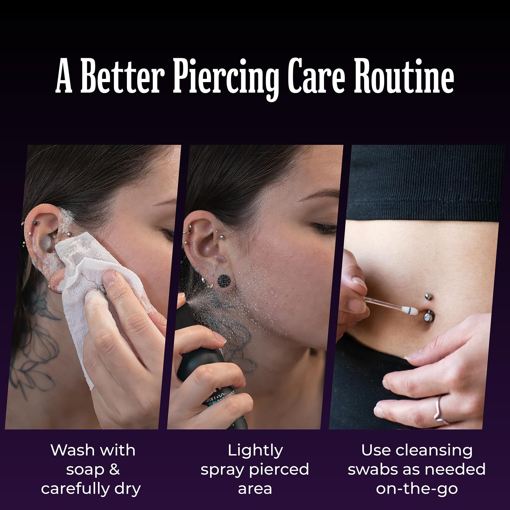 Tattoo Goo Piercing Care Kit, 3-Piece Set with Cleansing Soap, Cleansing Spray & Medicated Swabs, Aftercare for Clean and Comfortable Dermal & Oral Piercings, No Alcohol