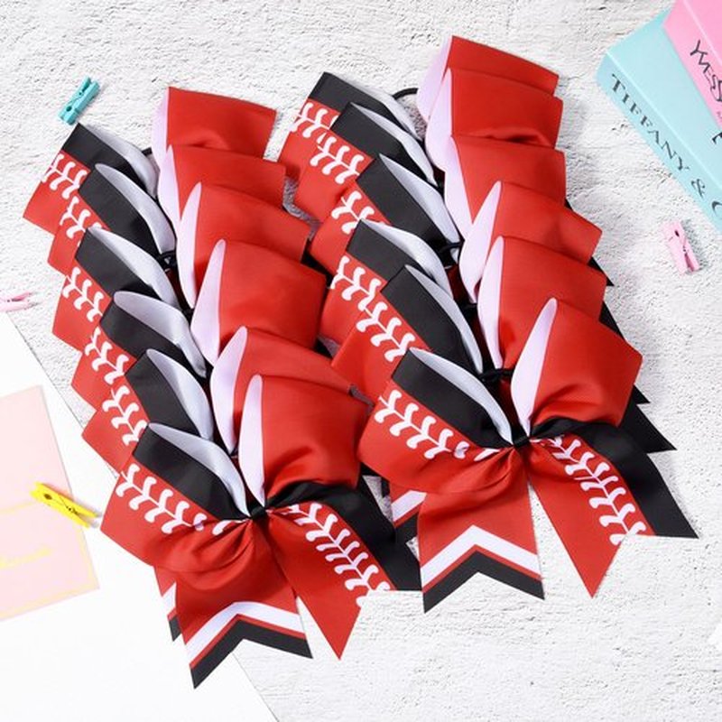 DEEKA 12 PCS Softball Cheer Bows 8" Thread Large Cheerleader Hair Bows Ponytail Holder Handmade for Teen Girls Sports -Red/Black/White