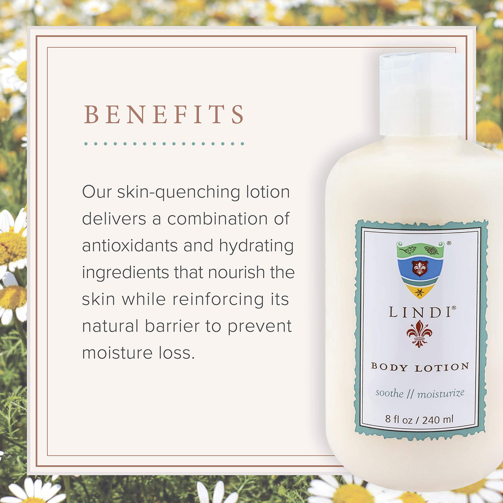 Lindi Skin Body Lotion — Luxurious Lotion for Sensitive, Reactive & Compromised Skin · Rare Botanicals, Antioxidant-Rich, Hypoallergenic · The Original Lotion for Cancer Patients Since 2003. 8 fl oz