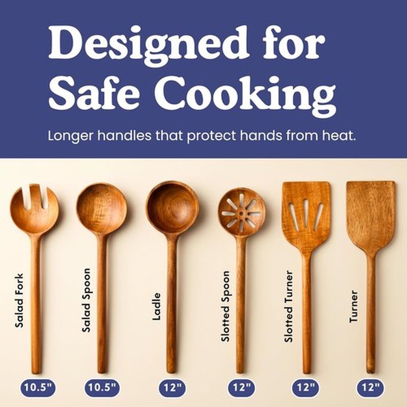 Non-Toxic Cooking Utensils | 6-Piece Wooden Spoon Set - Glue-Free, Plant-Based Finish, Safe for Your Kitchen