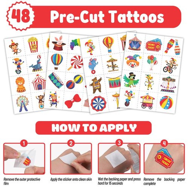 Cherisnowy 72PCS Carnival Party Set 48PCS Temporary Tattoos & 24PCS Slap Bracelets Fun Circus Themed Birthday Supplies, Baby Shower Gifts, Classroom Rewards & Party Decor for Kids Boys & Girls