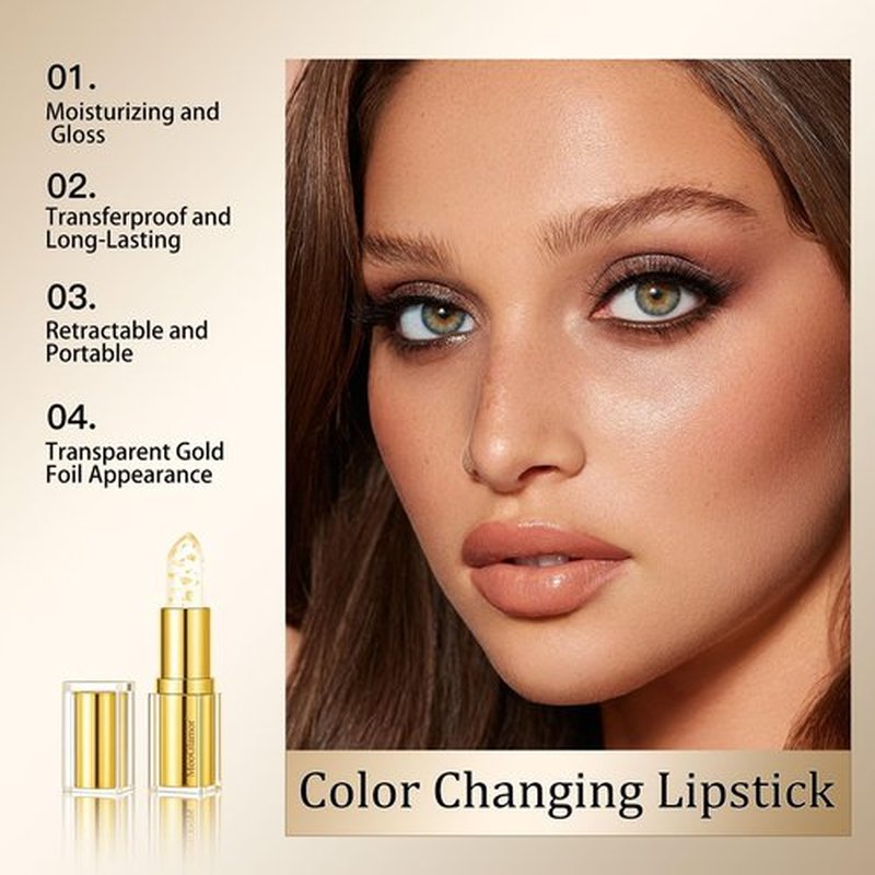 MooGlamor Clear Lipstick Color Changing Gold Foil Lipsticks with Transferproof and Retractable Pink Moisturizing Jelly Lip Stick for Women and Gift (1 Pcs)