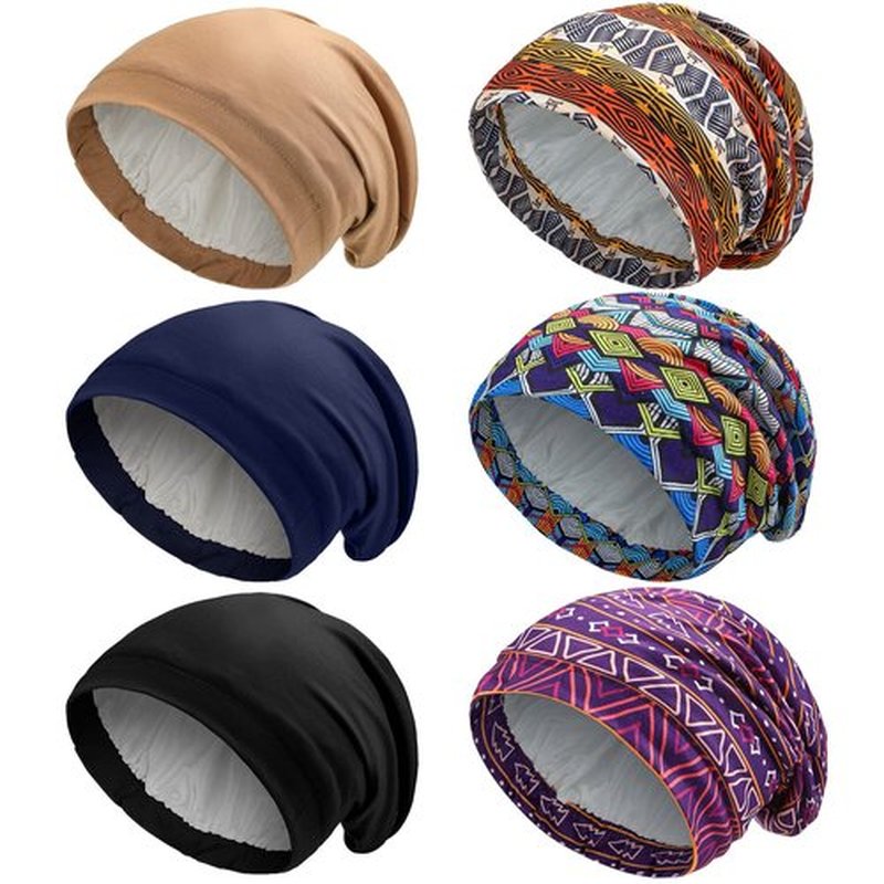 Sintege 6 Pcs Satin Lined Bonnet Sleep Chemo Hat Stretch Cancer Cap for Women Men Cancer Patient African Silk Soft Beanie(Simple Patterns)
