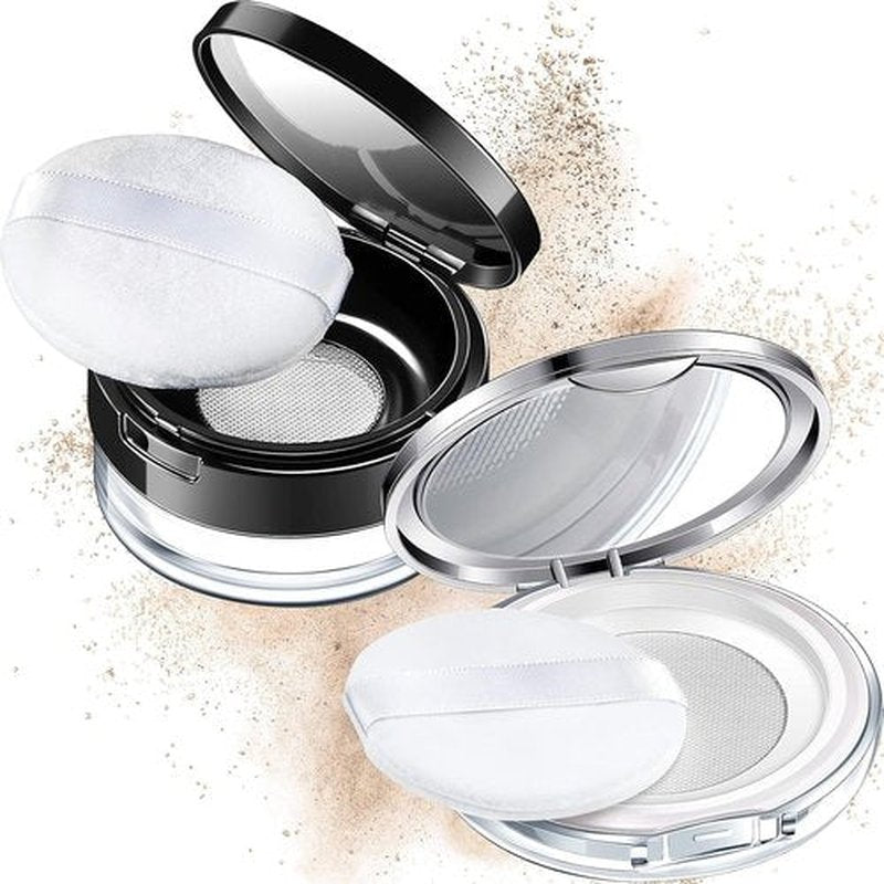 Cunhill Loose Powder Container Set - 2 Reusable Plastic Cases with Puff & Mirror | 0.17/0.7 oz (Silver, Black)