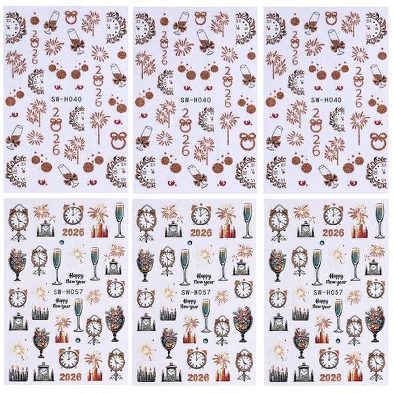 6Pcs Christmas Nail Art Stickers Decals 2026 New Year Fireworks Clock Nail Design Stickers Winter Xmas Nail Art Supplies 3D Self Adhesive Glitter Nail Decals Holiday Manicure Accessories for Women