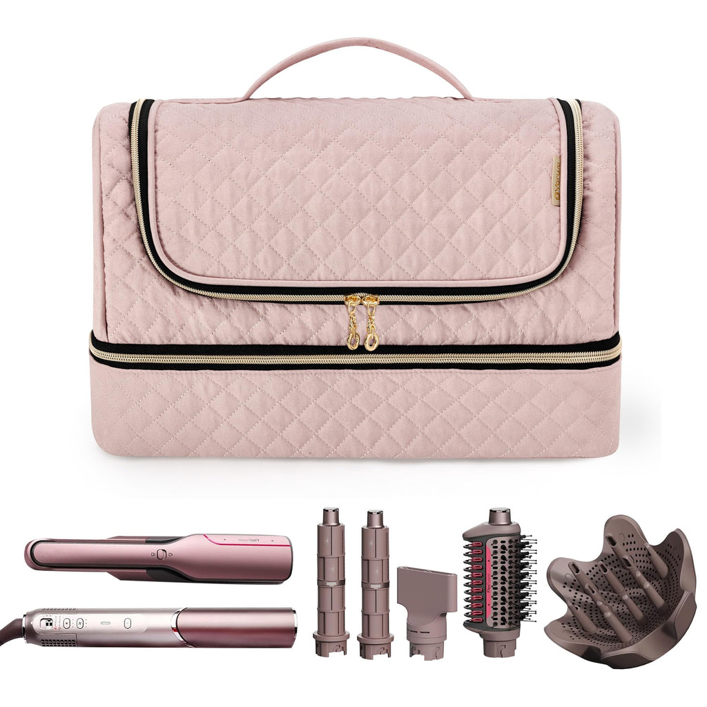 Yarwo Carrying Case Compatible with Flexfusion HD641S/HD642S, Double Layers Hanging Travel Bag for FlexFusion Hair Straightener & Powerful Hair Dryer and Hair Styler Attachments, Dusty Rose