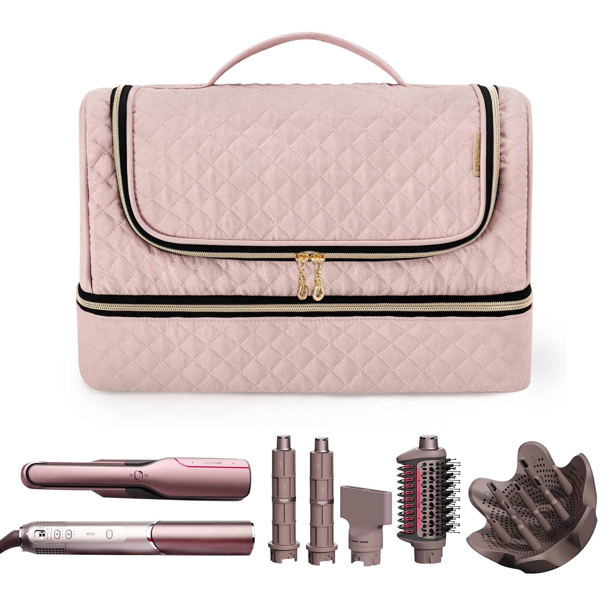Yarwo Carrying Case Compatible with Flexfusion HD641S/HD642S, Double Layers Hanging Travel Bag for FlexFusion Hair Straightener & Powerful Hair Dryer and Hair Styler Attachments, Dusty Rose