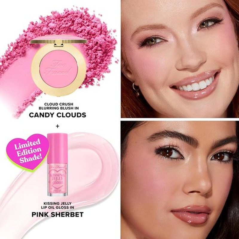 Too Faced Dream A Little Dream Blush & Lip Gloss Set - Cloud Crush Powder Blush + Kissing Jelly Lip Oil, Sheer Coverage Gift Set