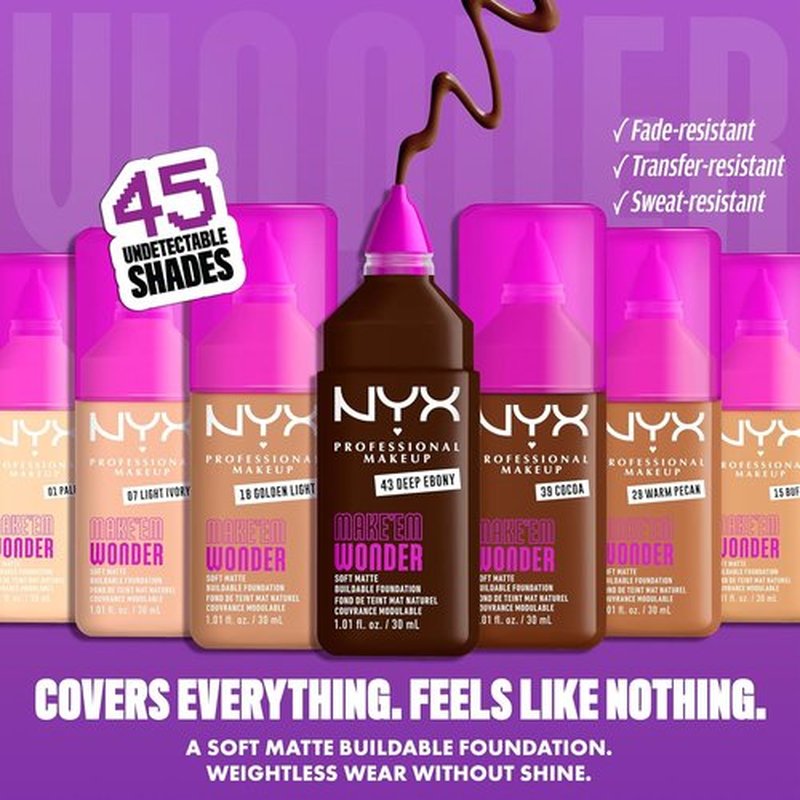 NYX Professional Makeup Make 'Em Wonder Liquid Foundation - 24HR Soft Matte Finish, Buildable Full Coverage | 08 Vanilla