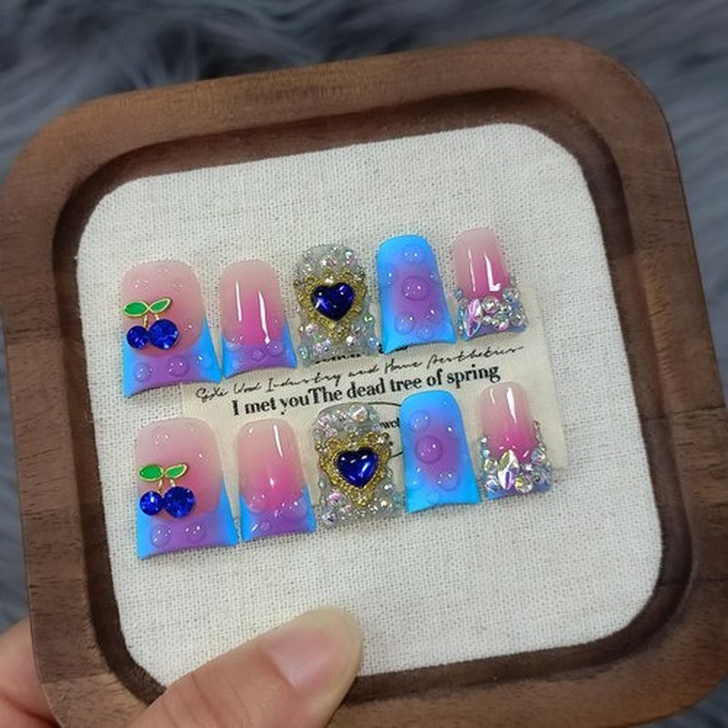 TENPAL Handmade French Tips Press on Duck Nails Kits - Icy Blue Purple Ombre Duckbill Nails with 3D Cherry Design, Acrylic Glossy Y2K False Nails for Women Girls Daily Parties(L)