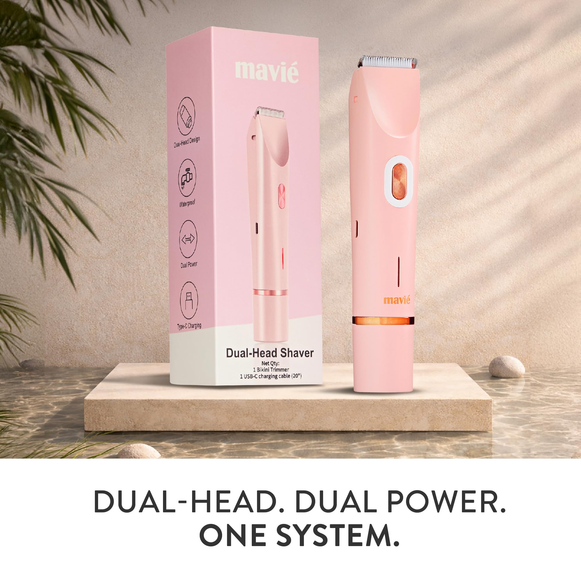 MAVIÉ Dual Head Bikini Trimmer for Women, Electric Razor for Face & Body, Painless Hair Removal Tool, Precision & Body Shaving Heads, Cordless Rechargeable, Portable Grooming Device (Pink)