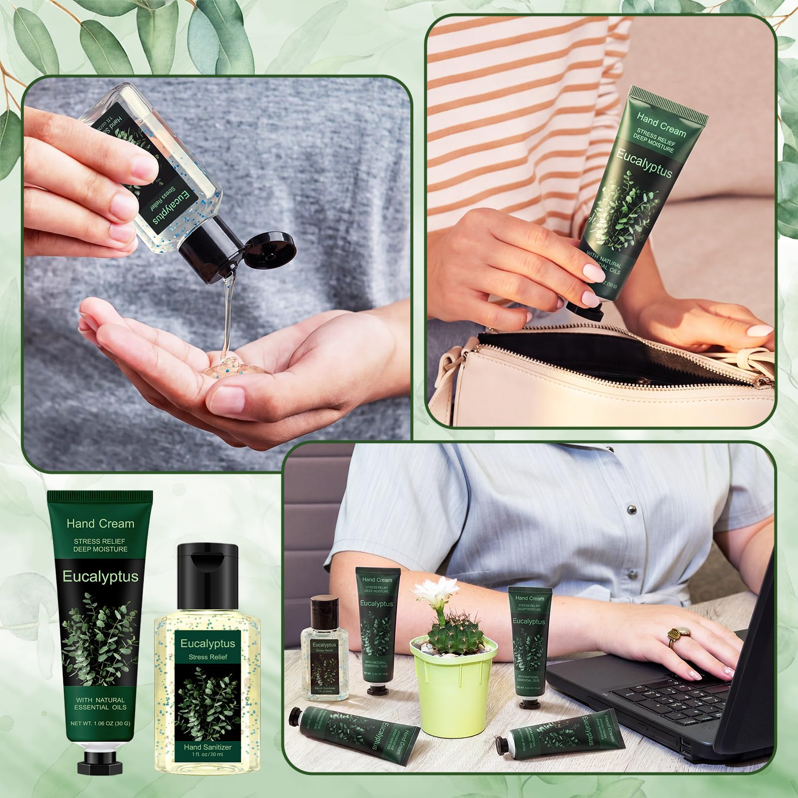 Frienda 48 Pcs Travel Size Hand Cream Hand Gel Gift Set Include Cream and Sanitizer Moisturizing 1 Fl oz Eucalyptus Scented Gift for Women Teacher Nurse Mothers