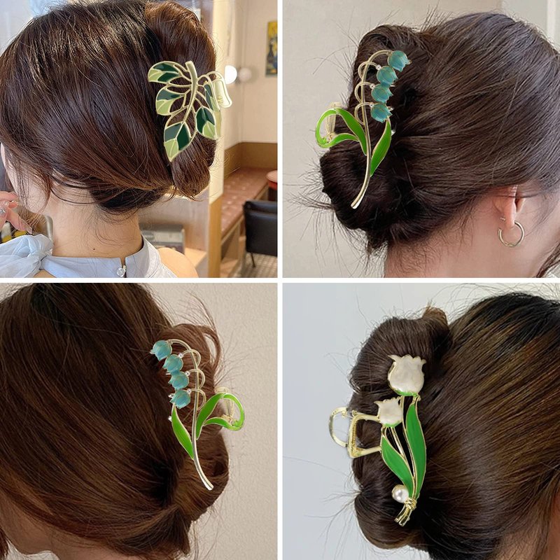 Yonchic 3-Piece Flower Metal Hair Accessories: White Tulips Hair Claw for Thin/Medium Hair, Blue Lily Hair Barrettes with Strong Hold Non-Slip Clamps