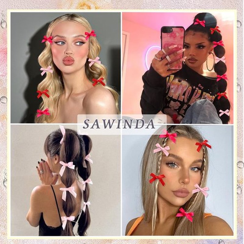 SAWINDA 30Pcs Mini Hot Pink Hair Bows Cute Bows for Hair Valentines Small Silk Satin Hair Ribbons for Girls Sweet Bow Hair Clips Non Slip Bowknot Hair Barrettes Hair Accessories for Women Teens Girls