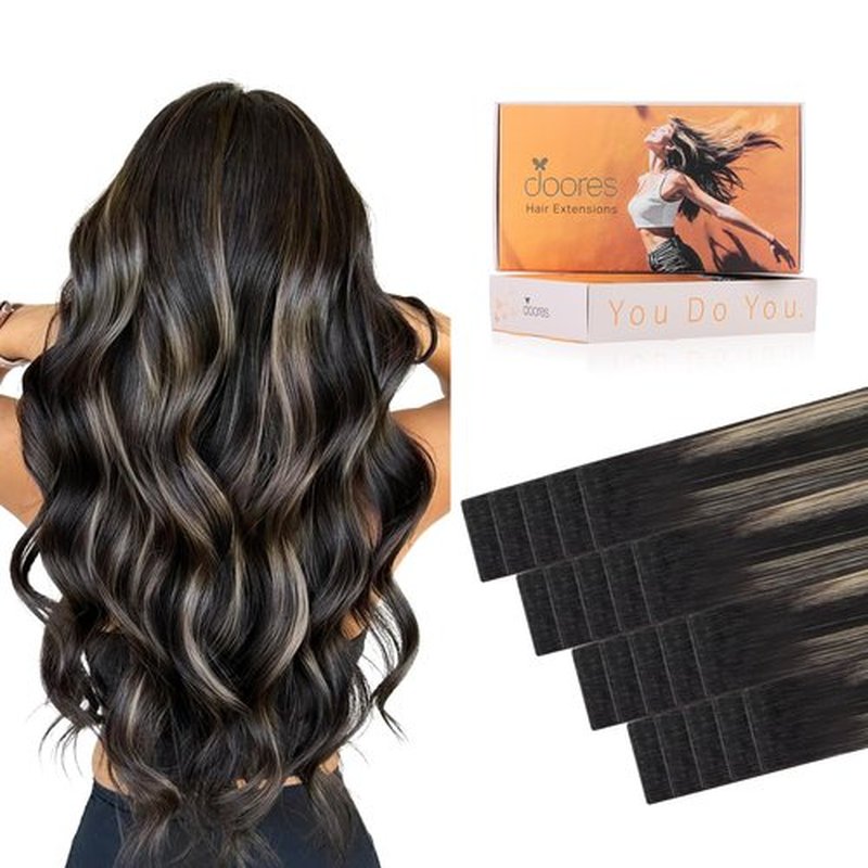 DOORES Genius Tape in Hair Extensions Real Human Hair, Balayage Natural Black to Light Blonde 18 Inch 50g 20pcs, Seamless Invisible Edge Hand Tied Tape in Extensions Long Straight