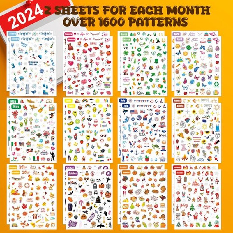 IDDFEVE 12 Months All Holiday Nail Stickers, 24 Sheets Seasonal Variety Pack 2 Pcs Per Month DIY Nail Art, Self-Adhesive Pegatinas Uñas for a Year of Halloween Christmas Thanksgiving&Valentine’s Day